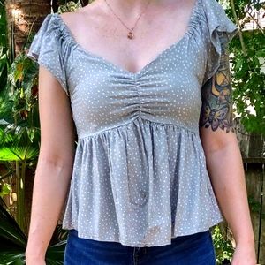 Japna Cap Sleeve Ruched Back Cropped Blouse Olive Green Size Small